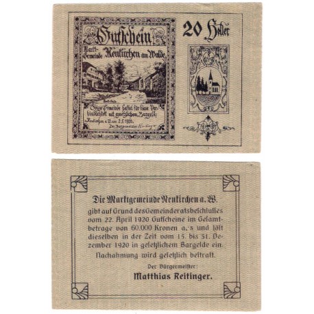 Neukirchen am Walde (Alta Austria). 1920. 20 Heller (EBC+)