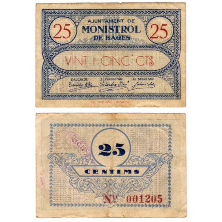 Monistrol de Bages. 1937. 25 Céntimos (MBC)