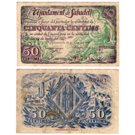 Sabadell. 1937. 50 Céntimos (MBC-) Manchas