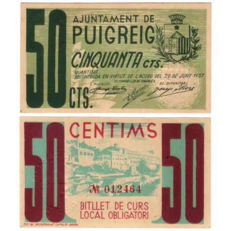 Puigreig. 1937. 50 Céntimos (SC)