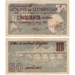 Molins de Llobregat. 1937. 50 Céntimos (MBC+) Manchas
