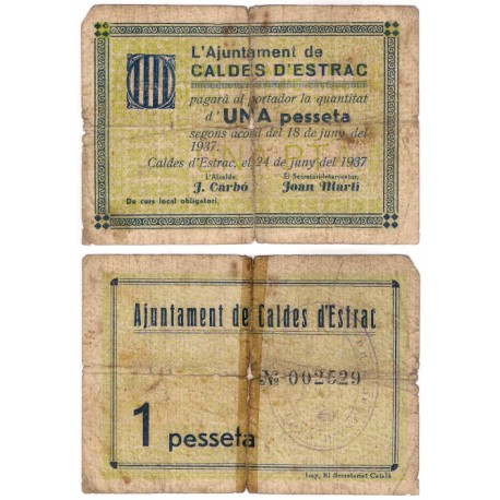 Caldes d'Estrac. 1937. 1 Peseta (BC) Roto por doblez central. Adhesivo