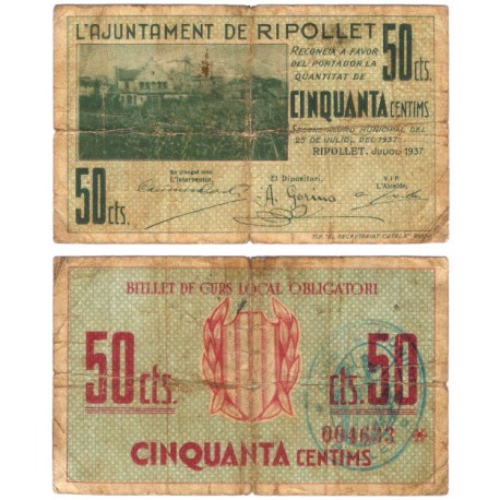 Ripollet. 1937. 50 Céntimos (BC/BC-) Roturas