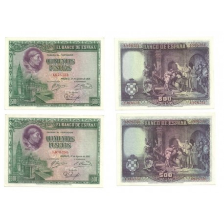 [1928] Billete de 500 Pesetas (x2) (SC). Pareja correlativa. Sin Serie. Plancha poco rigurosa.
