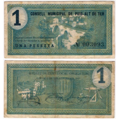 Puig-Alt de Ter. 1937. 1 Peseta (BC+/MBC-)