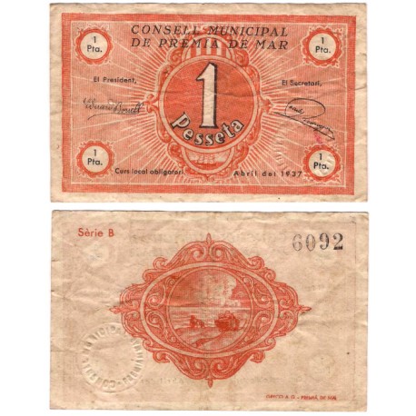 Premià de Mar. 1937. 1 Peseta (BC+) Leves roturas margen derecho