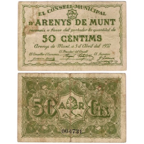 Arenys de Munt. 1937. 50 Céntimos (BC+)