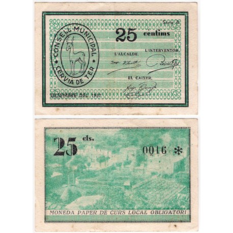 Cervià de Ter. 1937. 25 Céntimos (MBC/MBC+)