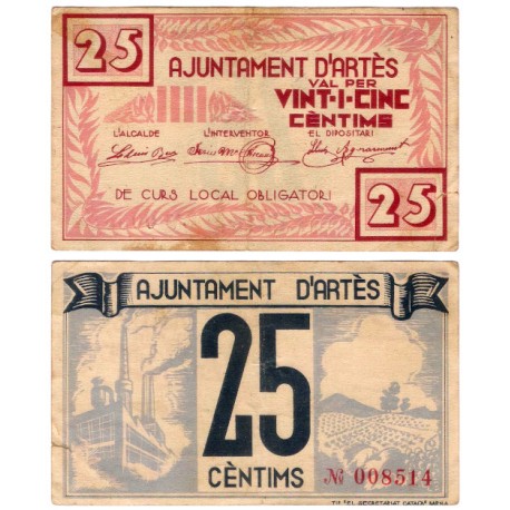 Artès. 1937. 25 Céntimos (MBC-) Leve rotura margen derecho