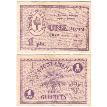 Guiamets. 1937. 1 Peseta (MBC/MBC+)