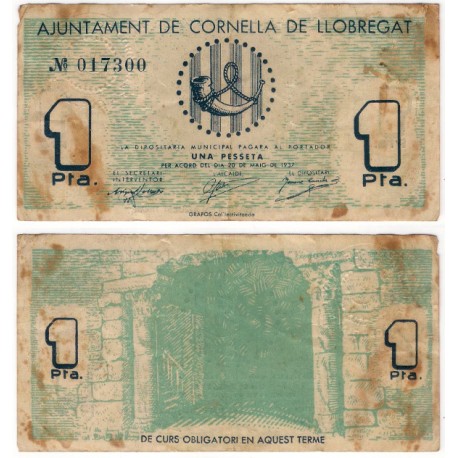 Cornellà de Llobregat. 1937. 1 Peseta (BC/BC+) Manchas