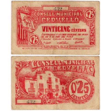 Cervelló. 1937. 25 Céntimos (BC+)