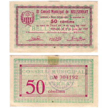 Bellserrat. 1937. 50 Céntimos (EBC/EBC+)  Restos de Adhesivo