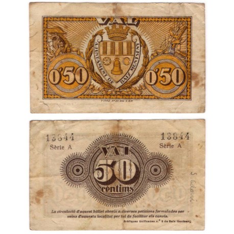 Baix Montseny. 1937. 50 Céntimos (BC/BC+) Roturas y manchas