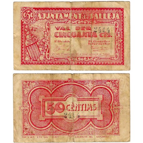 Pallejà. 1937. 50 Céntimos (BC-/BC) Rotura en doblez central, margen inferior