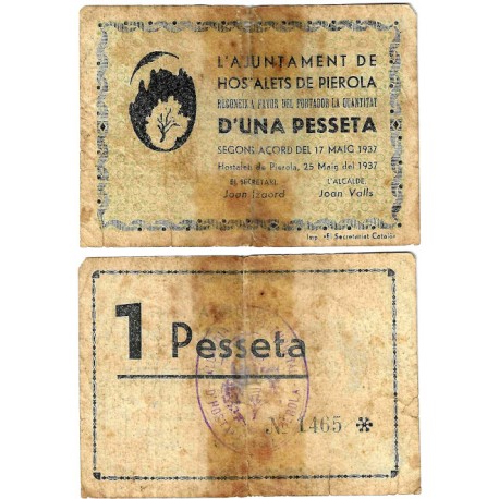 Hostalets de Pierola. 1937. 1 Peseta (BC/BC-) Roturas y adhesivo