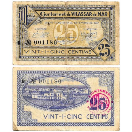 Vilassar de Mar. 1937. 25 Céntimos (BC+)