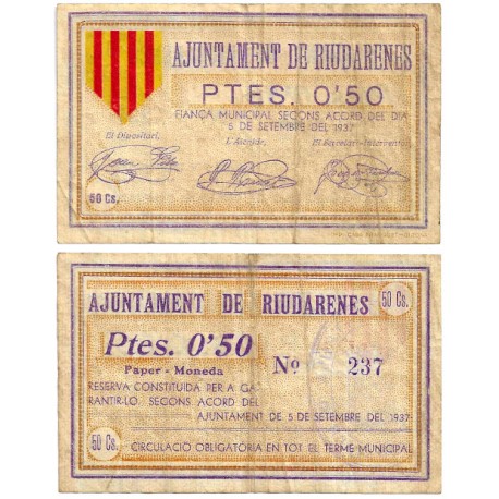 Riudarenes. 1937. 50 Céntimos (MBC/MBC-)