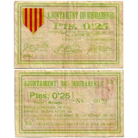 Riudarenes. 1937. 25 Céntimos (MBC-/BC+)