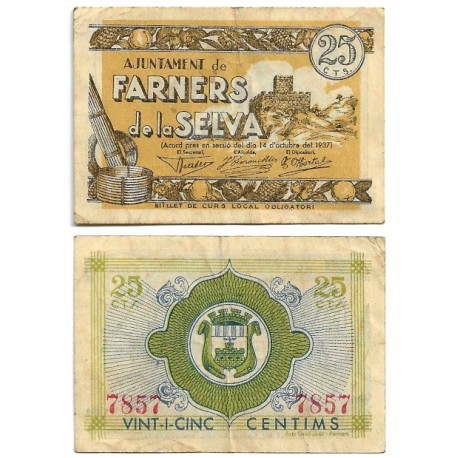 Farners de la Selva. 1937. 25 Céntimos (MBC)