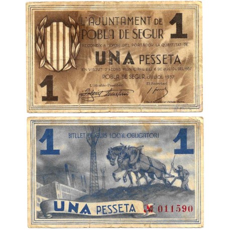 Pobla de Segur. 1937. 1 Peseta (BC/BC+) Roturas en margen inferior