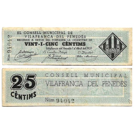 Vilafranca del Penedés. 1937. 25 Céntimos (MBC)