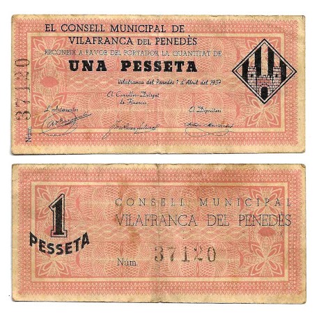 Vilafranca del Penedés. 1937. 1 Peseta (BC+/MBC-)