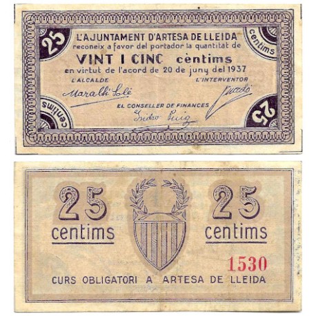 Artesa de Lleida. 1937. 25 Céntimos (MBC)