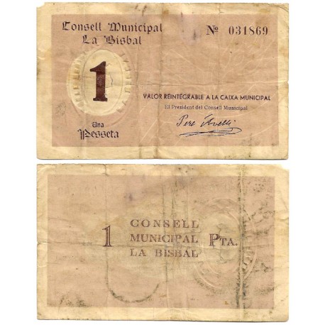 La Bisbal. 1937. 1 Peseta (BC+) Roturas