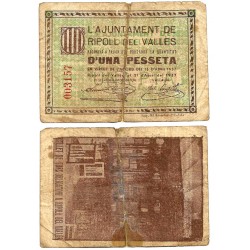 Ripoll del Vallés. 1937. 1 Peseta (BC/BC-) Roto, con adhesivo
