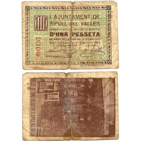 Ripoll del Vallés. 1937. 1 Peseta (BC/BC-) Roto, con adhesivo