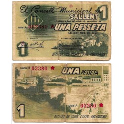 Sallent. 1937. 1 Peseta (BC) Leves roturas, con adhesivo