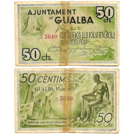 Gualba. 1937. 50 Céntimos (BC) Roto, con adhesivo
