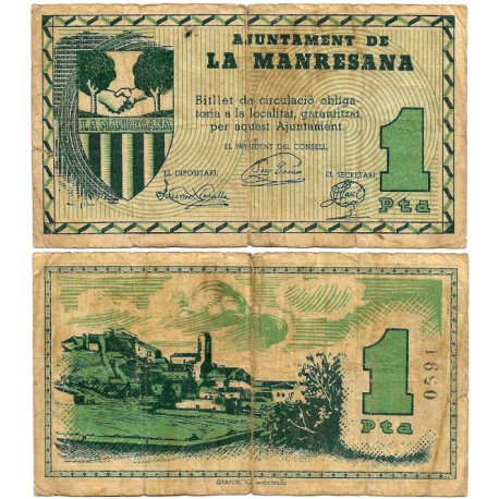 La Manresana. 1937. 1 Peseta (BC/BC+) Leves roturas en márgenes