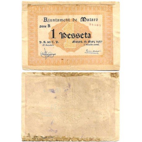 Mataró. 1937. 1 Peseta (MBC-) Restos de Adhesivo