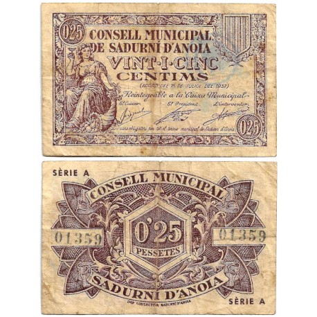 Sadurní d,Anoia. 1937. 25 Céntimos (BC)