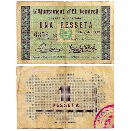El Vendrell. 1937. 1 Peseta (BC+) Leves roturas en márgenes