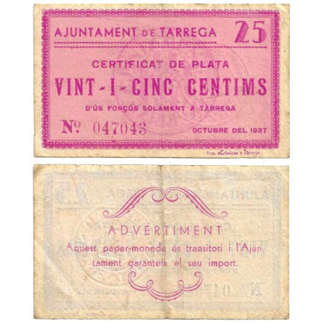 Tàrrega. 1937. 25 Céntimos (MBC-)