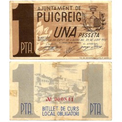 Puigreig. 1937. 1 Peseta (MBC+) Restos de Adhesivo y Mancha