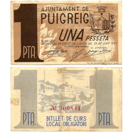 Puigreig. 1937. 1 Peseta (MBC+) Restos de Adhesivo y Mancha