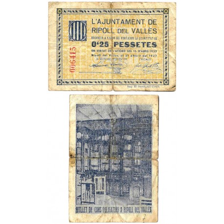 Ripoll del Vallès. 1937. 25 Céntimos (BC) Roturas