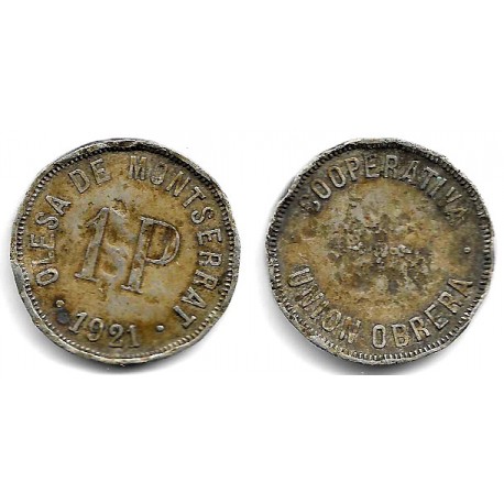Cooperativa Unión Obrera. Olesa de Montserrat. 1921. 1 Peseta (BC) Cuño algo doblado