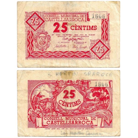 Castellsarroca. 1937. 25 Céntimos (BC+) Escrito