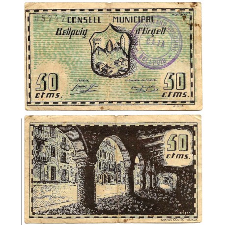 Bellpuig d,Urgell. 1937. 50 Céntimos (MBC-)