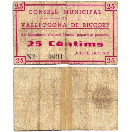 Vallfogona de Riucorp. 1937. 25 Céntimos (BC) Rotura con cinta adhesiva