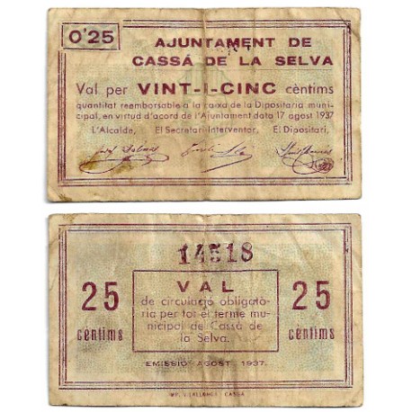 Cassà de la Selva. 1937. 25 Céntimos (BC)
