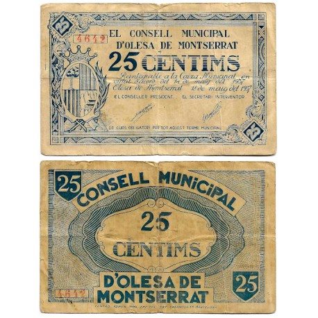 Olesa de Montserrat. 1937. 25 Céntimos (MBC-)