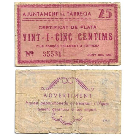 Tàrrega. 1937. 25 Céntimos (MBC-) Leves roturas en márgenes