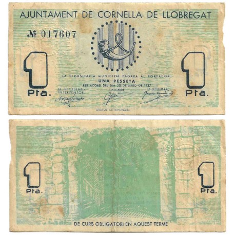 Cornellà del Llobregat. 1937. 1 Peseta (BC+) Leve rotura en margen derecho