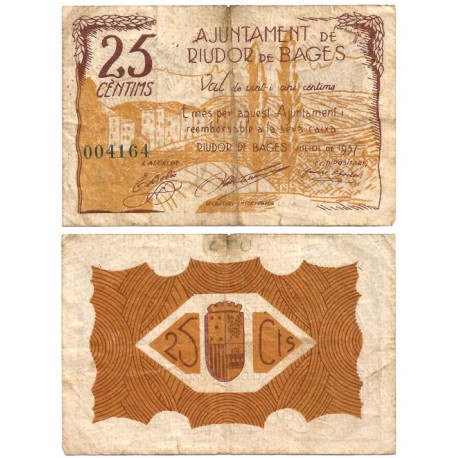 Riudor de Bages. 1937. 25 Céntimos (BC) Roturas y pequeño escrito a lápiz